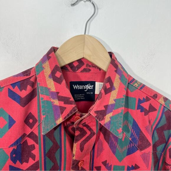 Vintage Wranglers Brush Popper Aztec Pink Button Down Long Sleeve Cowboy Size L - Picture 3 of 16